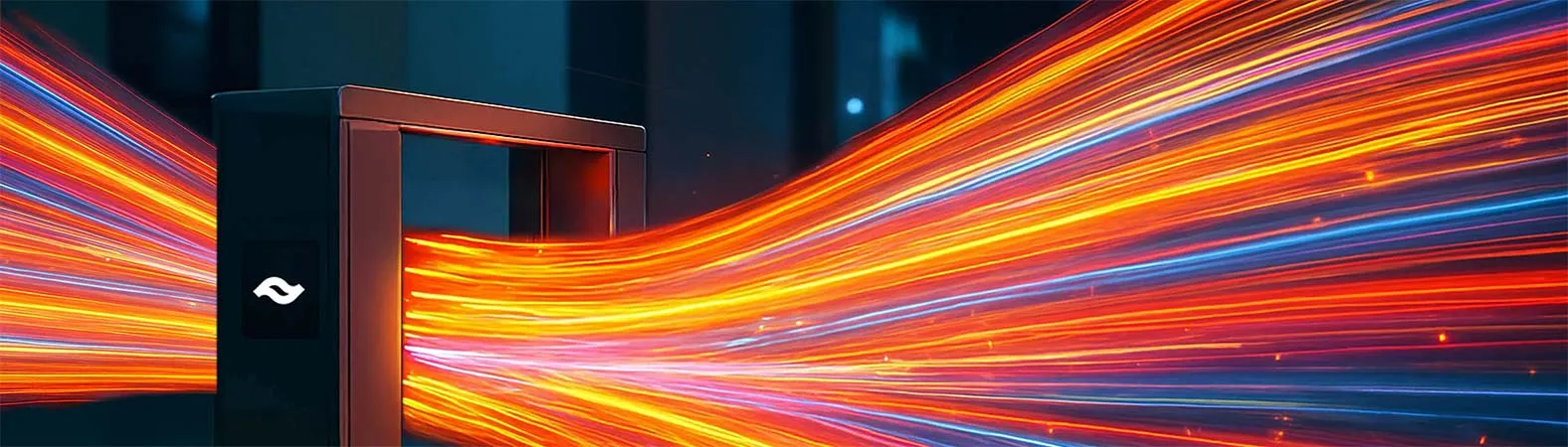 A dark gate with the Gateflow symbol, streams of orange and blue light passing through it