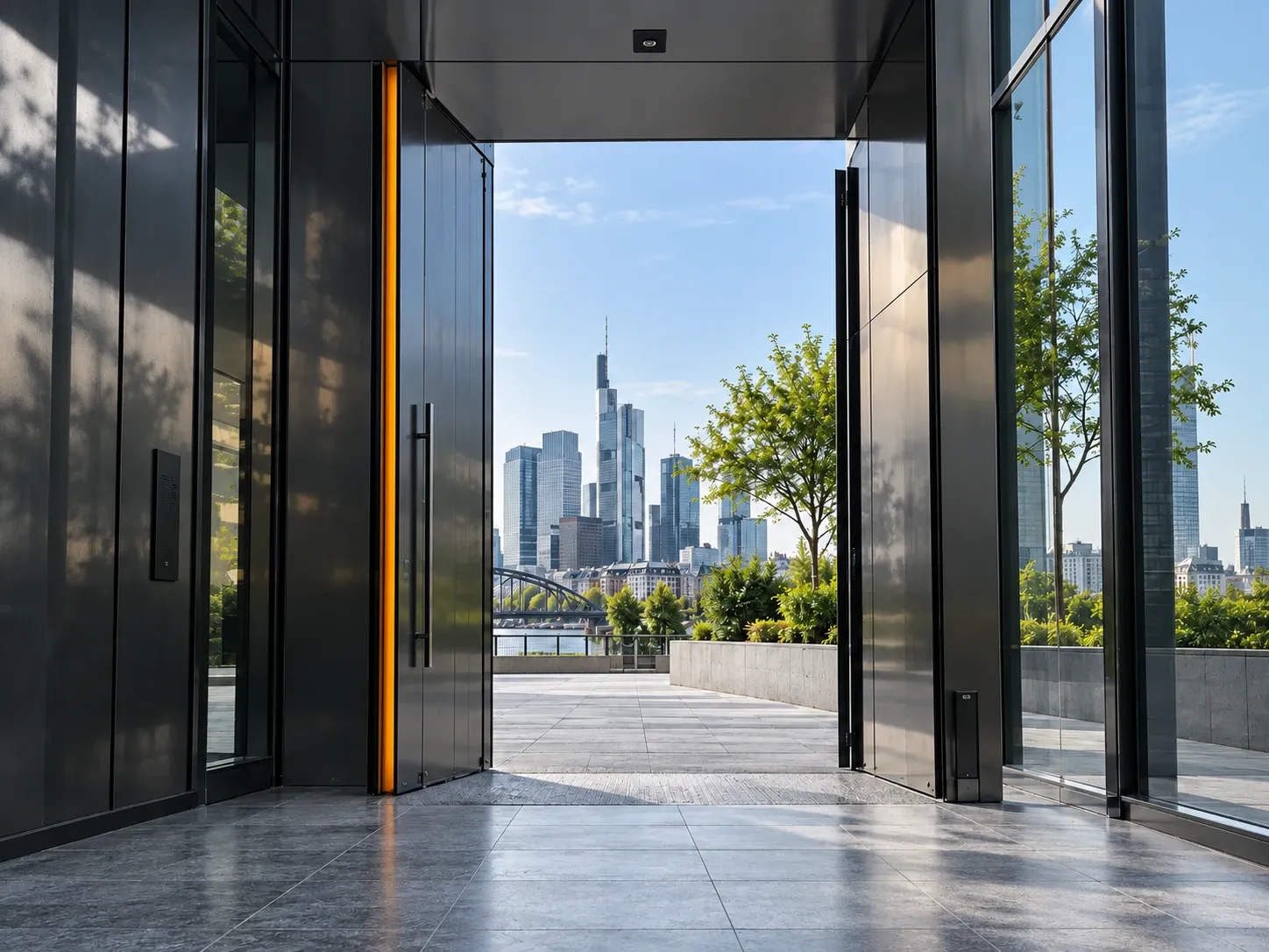 Concept image of a dark metal doorway with a narrow orange edge and a city view