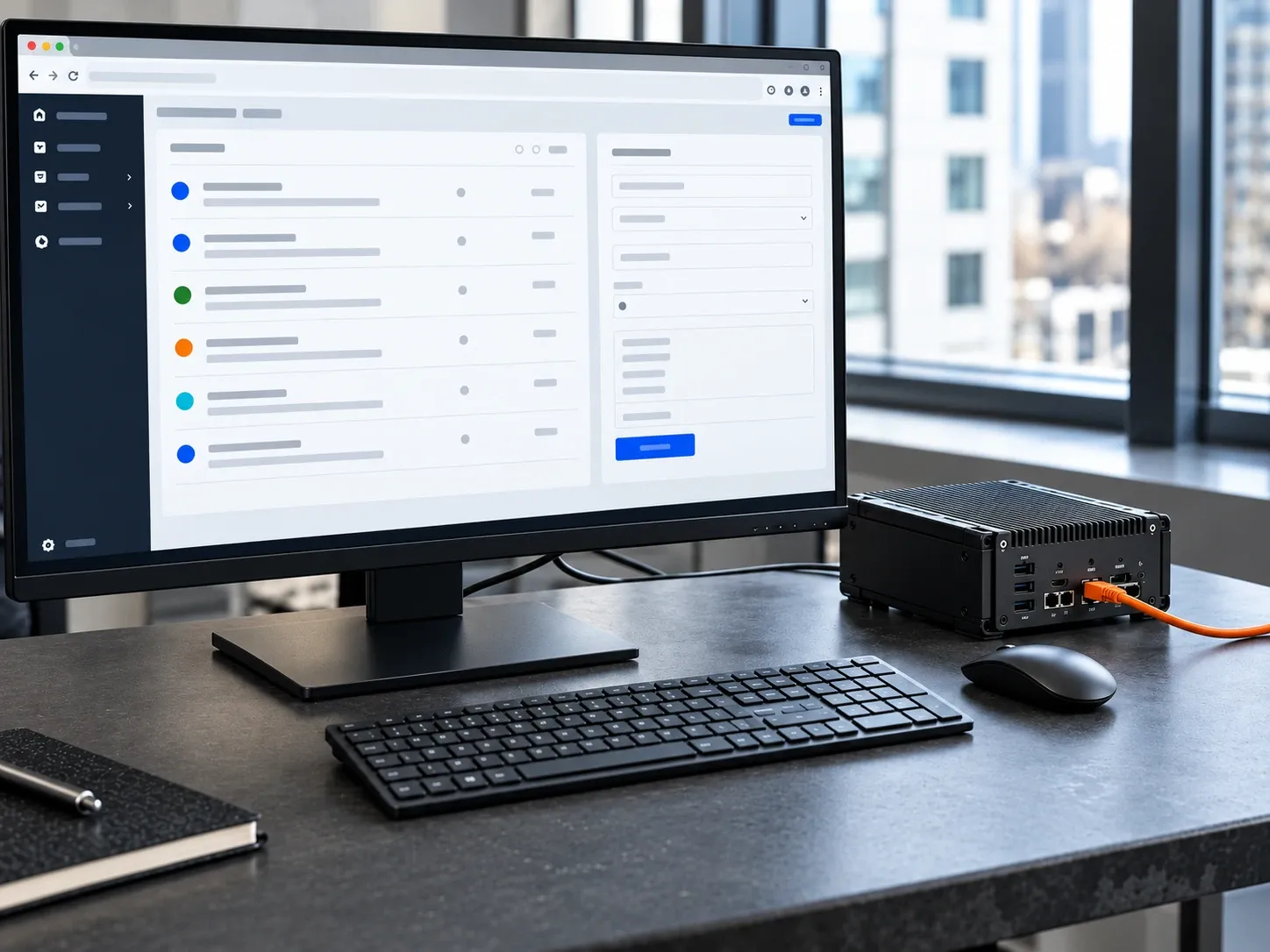 Concept image of a web application screen beside a small computer with an orange cable